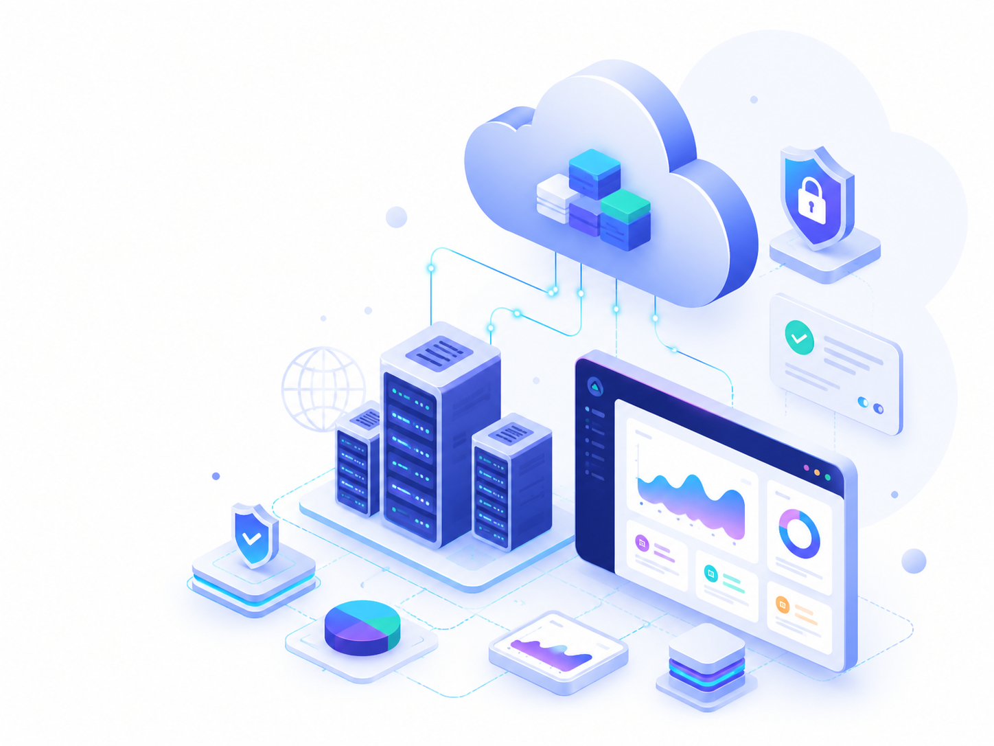 Cloud hosting dashboard and server platform illustration